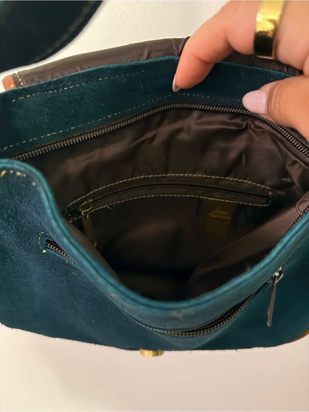 Embroidered Navy Blue Suede Crossbody Bag with Brown Trim - Made in Ecuador - Picture 3 of 4